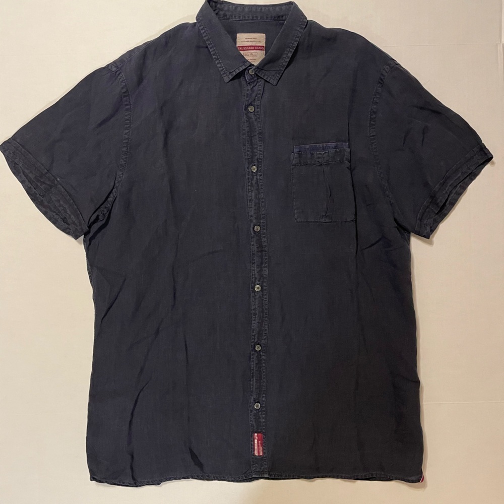 Trussardi Jeans Navt Blue Short Sleeve 100% Linen Shirt Size XXL
